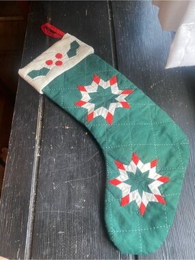 Quilted Holiday Stocking with Green Body and Red & White Star Accents